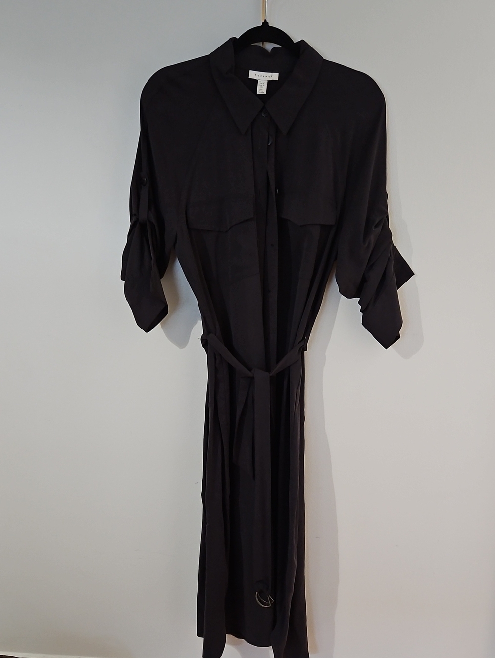Topshop Black Midi Shirt Dress with Tie Waist Size 8